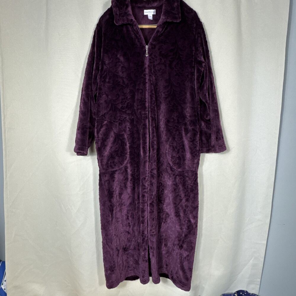Miss Elaine Plush Robe Women M Purple Floral Embossed Velour Zip Front Long